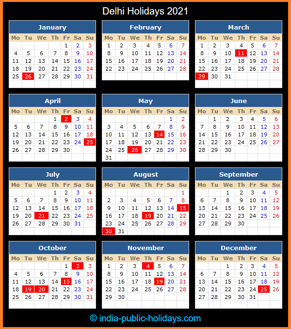 Delhi Holiday Calendar 2021